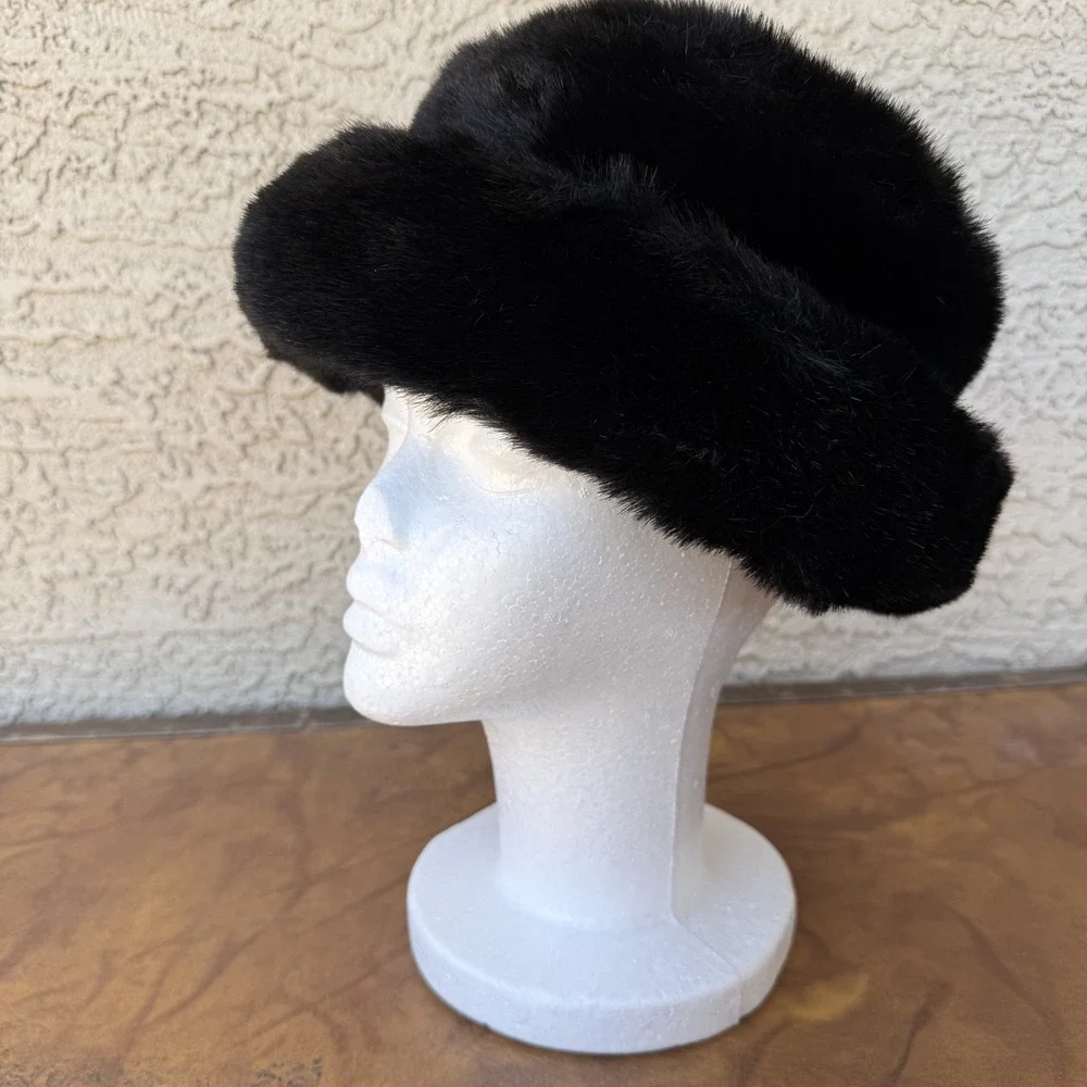Vintage Faux Fur Bucket Hat Black Winter Soft Fluffy 90s Y2K Style - Picture 2 of 8